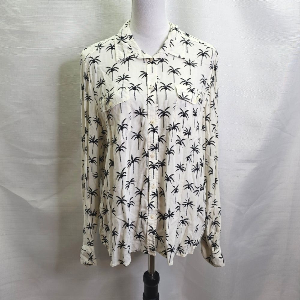 American Eagle Outfitters White Palm Tree Tropical Button Front Shirt Size XL